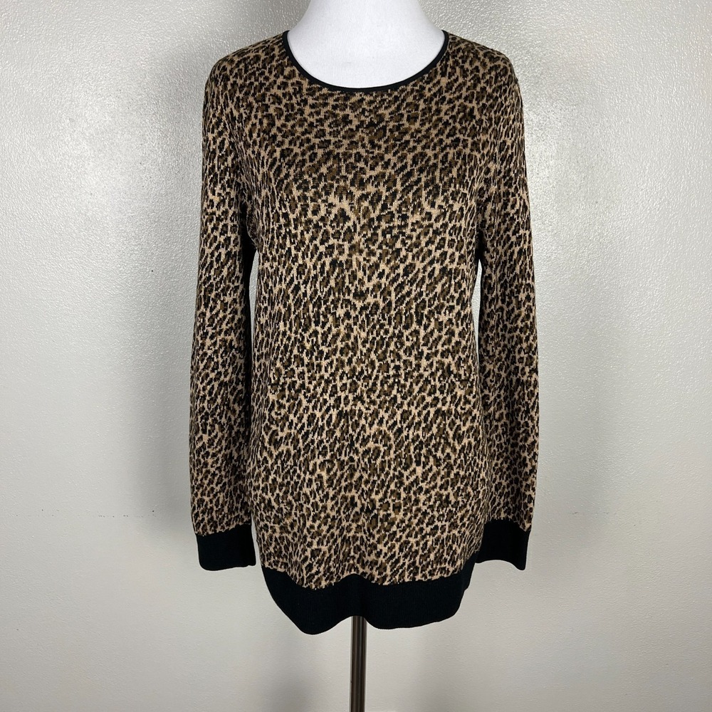 DKNY Cashmere Silk‎ Sweater Womens Medium Brown Leopard Print Lightweight Knit M